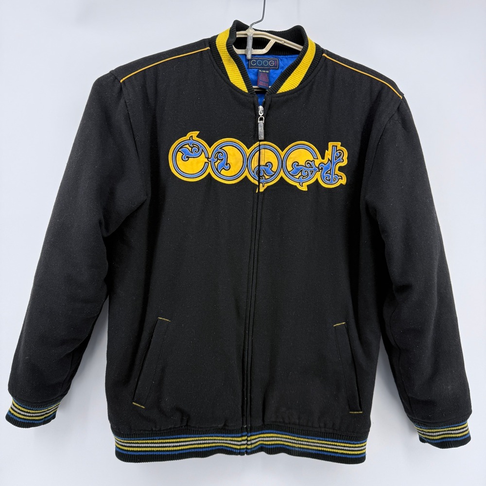 Coogi Wool‎ Blend Bomber Jacket Mens XL Black Blue Yellow Embroidered Logo
